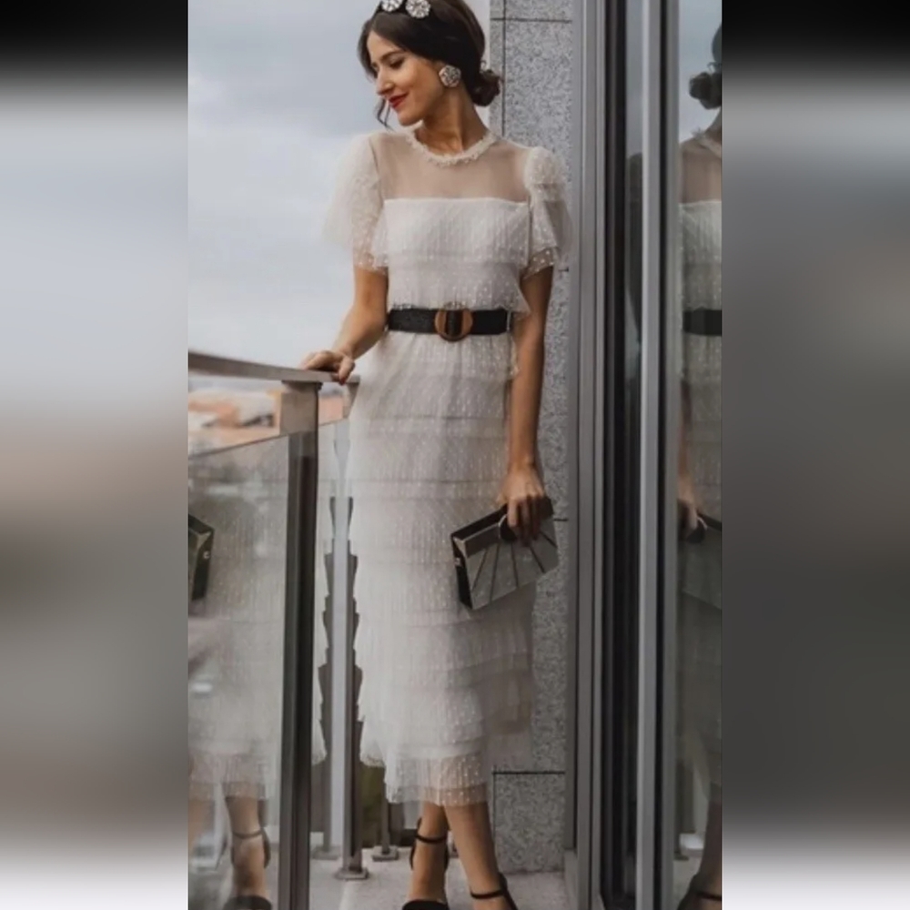 Zara Sheer Ivory Midi Dress with Black Belt